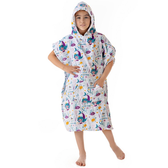 Poncho Infantil de Terciopelo 100% Algodón Diseño Estampado Sirenitas